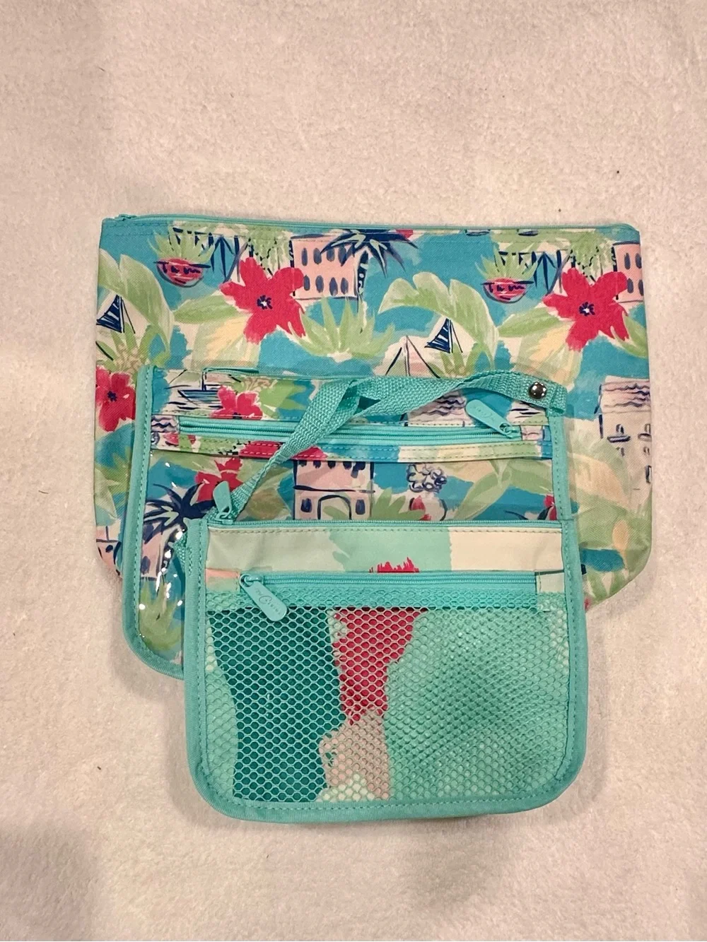 thirty-one Tropical Floral Cosmetic Set of Three Pouches- Blue, Pink & Green